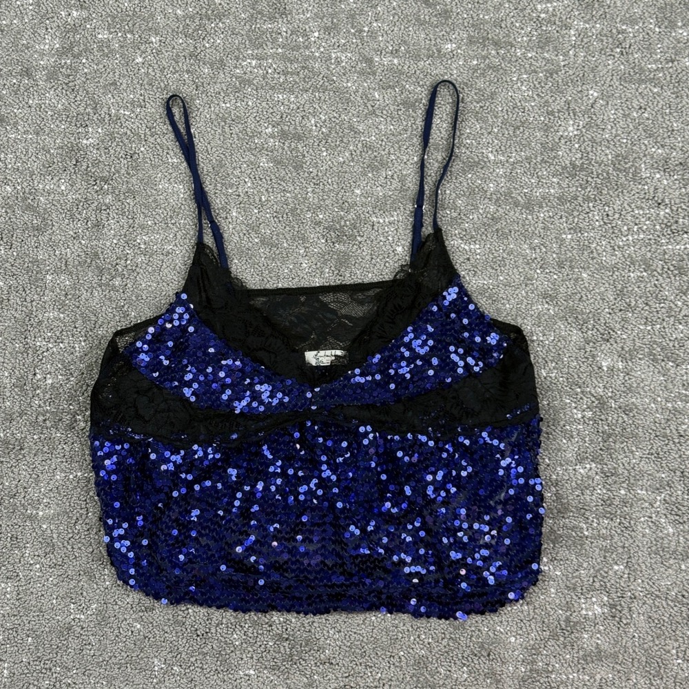 Free People Sequin Camisole Women XS Blue Black Lace Trim Cropped‎
